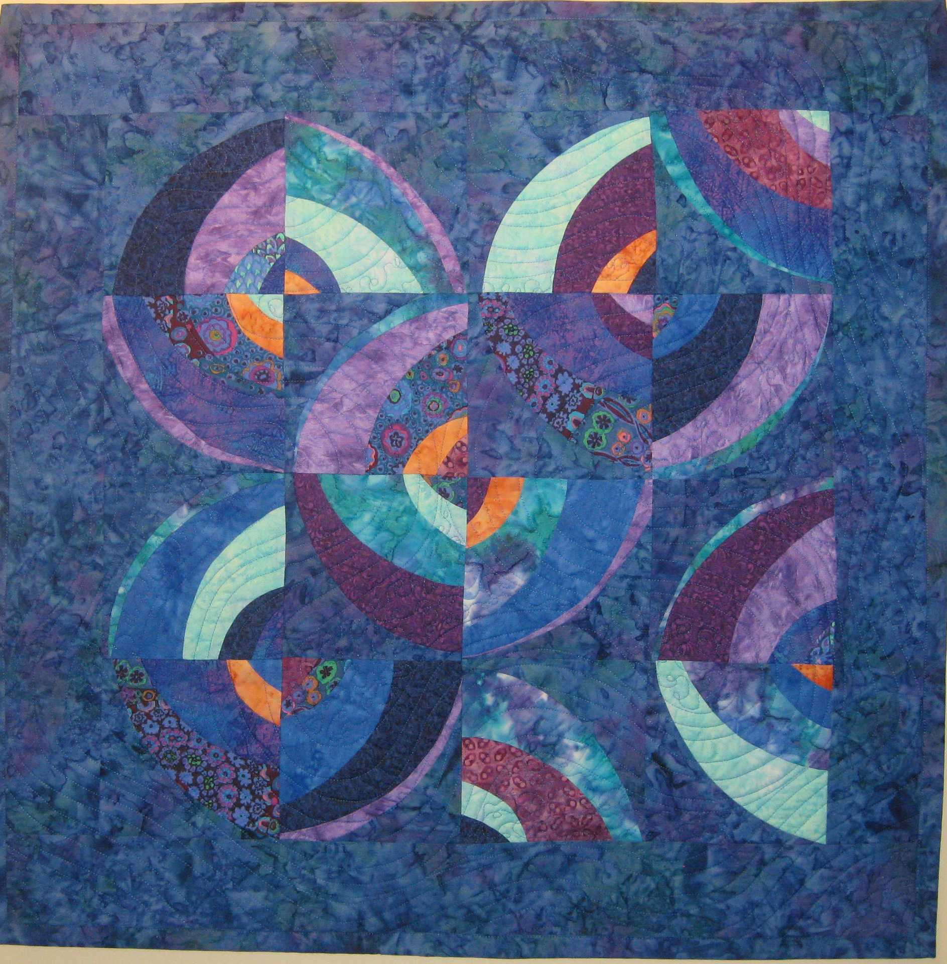 Blue Purple Wonky Circles Art Quilt